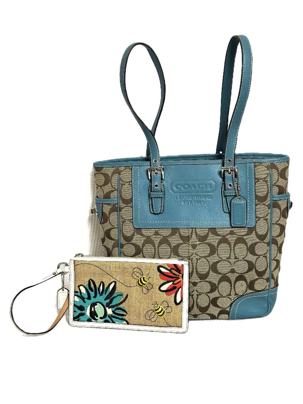 Coach Signature Tote Bag Slate Blue Beige F10659 + Wristlet Bees Embroidered
